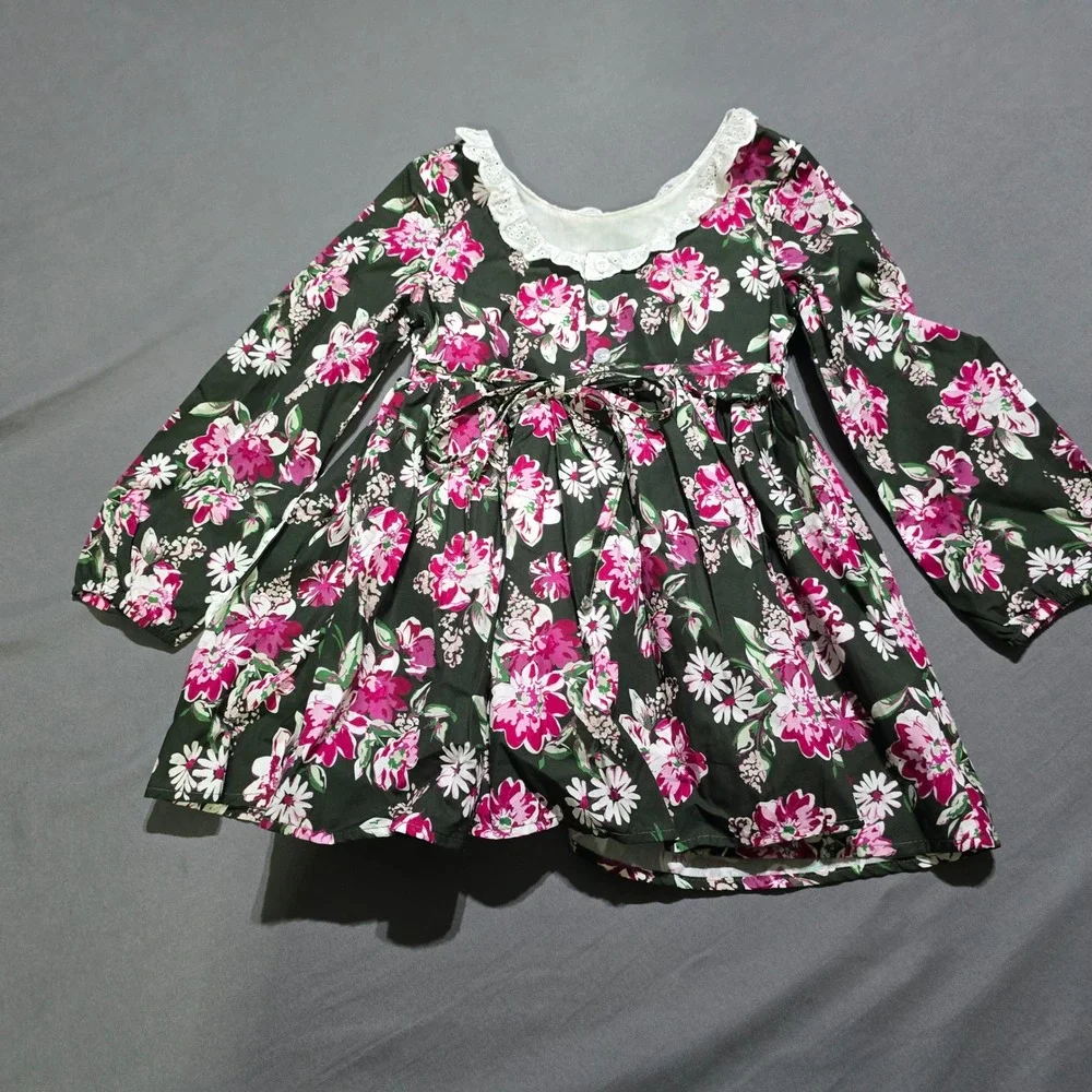 SweetHoney Floral Dress Girls 5Y Green Pink Lace Eyelet Long Sleeve Sash Tie